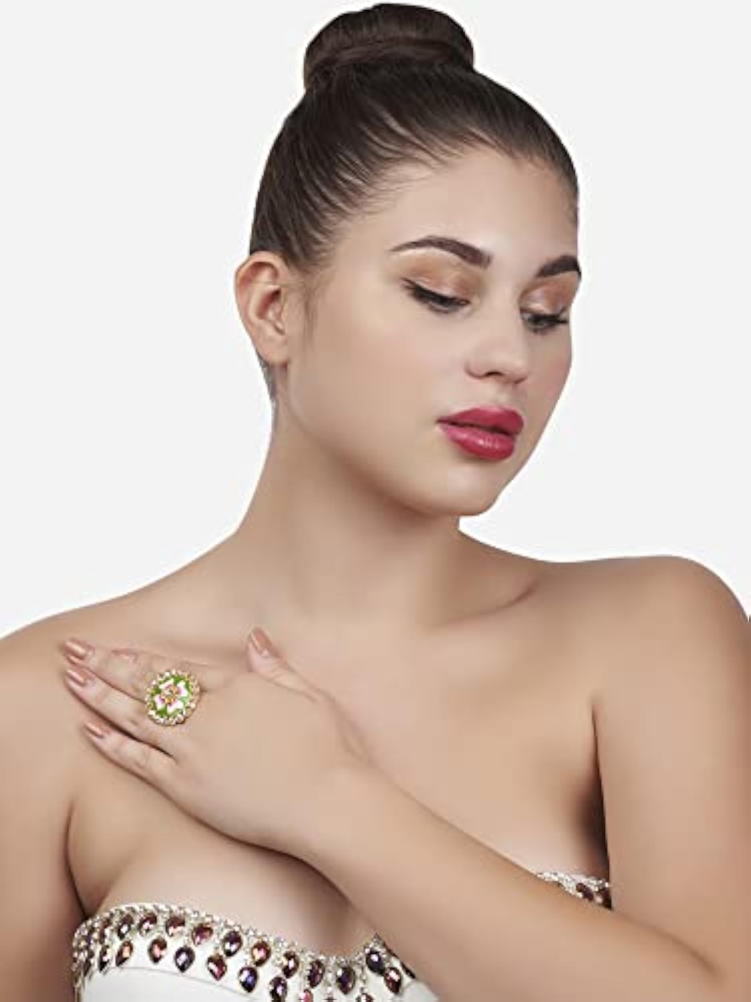 Meenakari Flower Kundan Adjustable Ring For Women